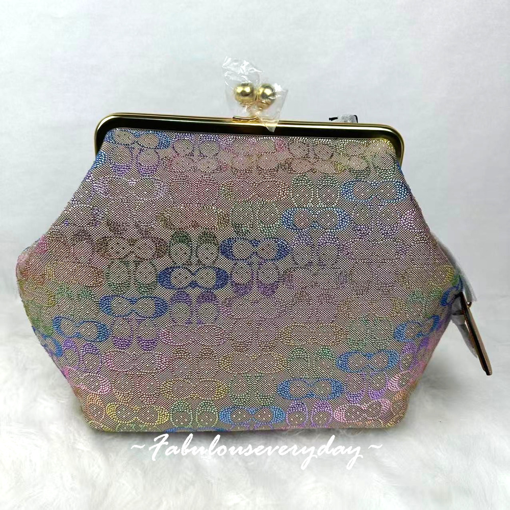 Coach Large Kisslock Frame Bag In Crystal Signature Jacquard Brass/Rainbow CCX15